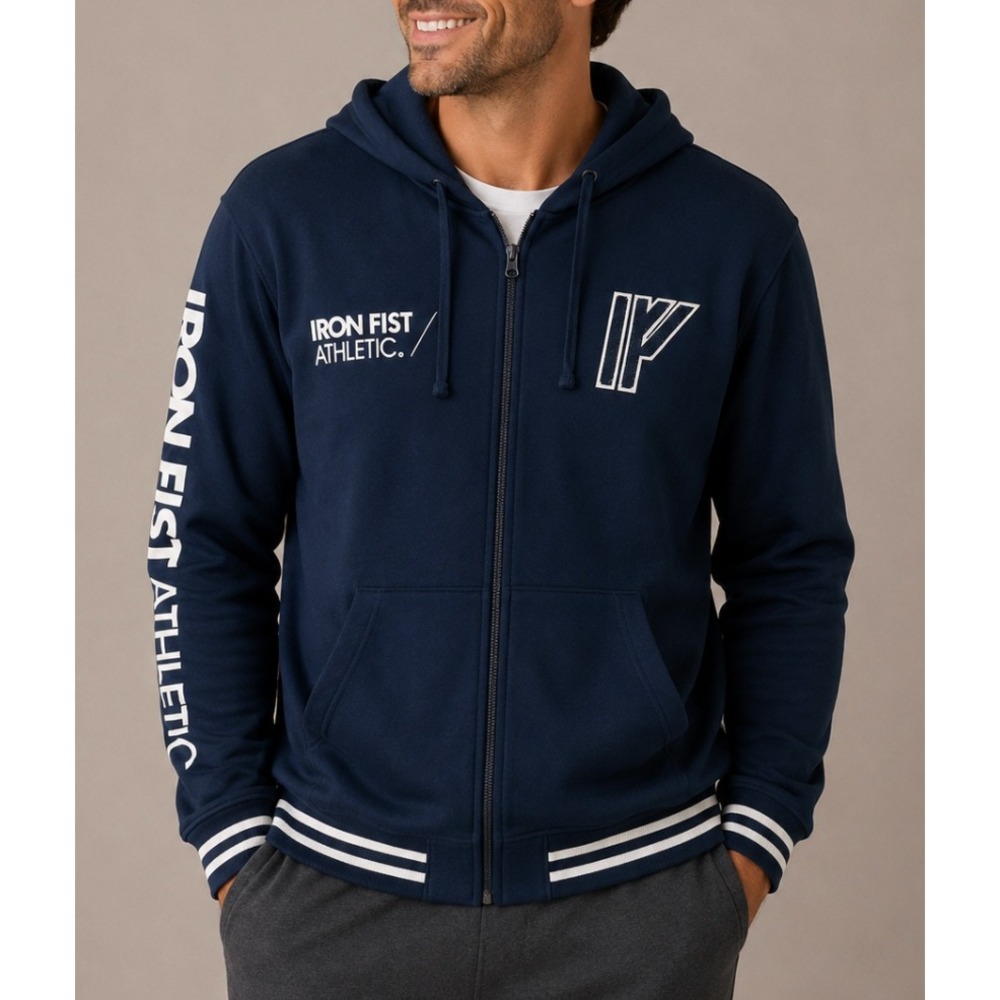 NEW Iron Fist Athletic Mens Navy Blue Zip Up Graphic Hoodie L Blood Sweat Blood